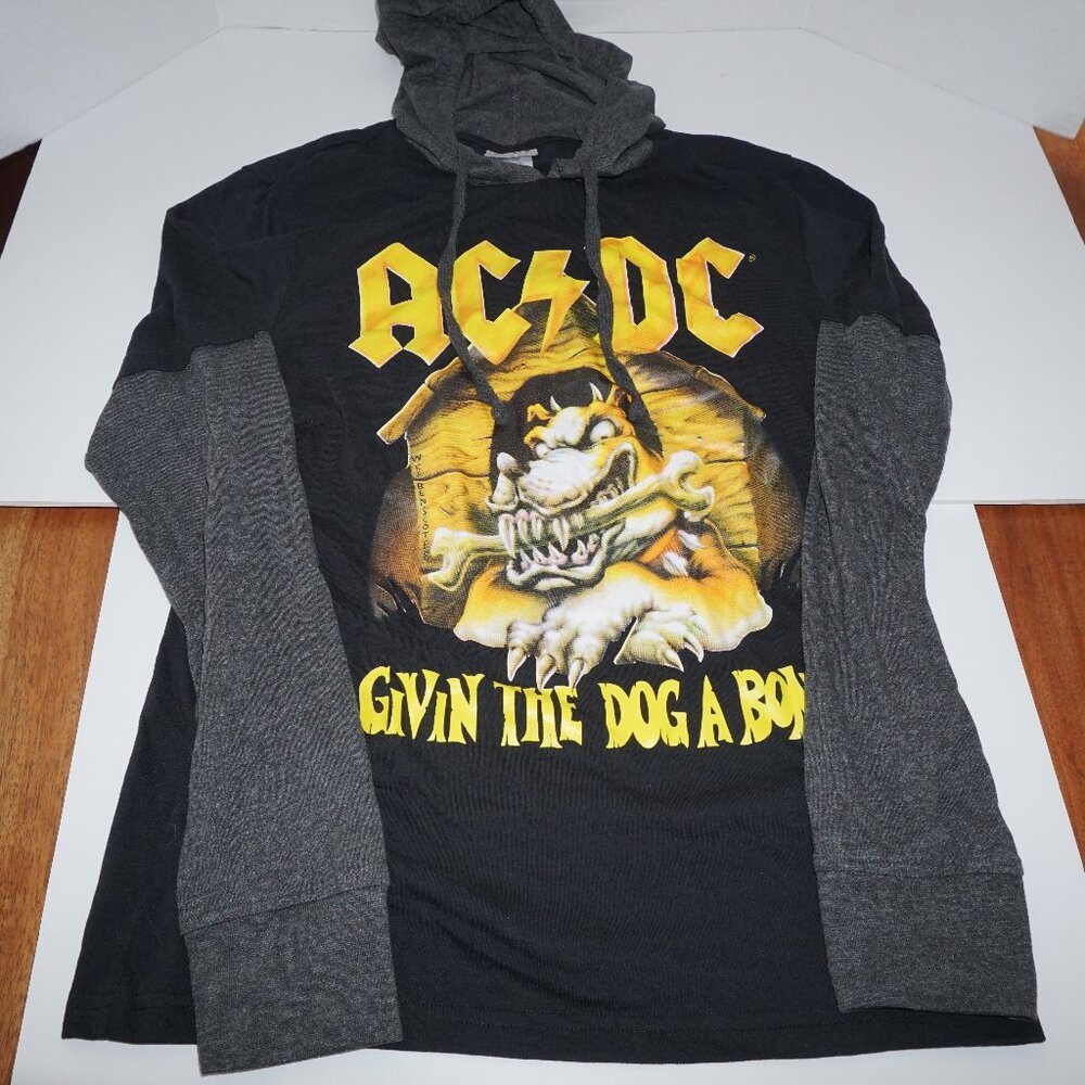 AC/DC Givin The Dog A Bone Hoodie Black Gray Layered Long Sleeve Size S
